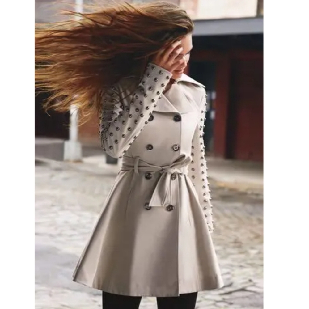 Bebe Studded Rivets Raincoat Trench Coat Cream Small Designer Luxury Jacket #72